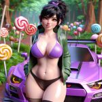 ai_generated big_breasts big_hips bikini black_hair brown_eyes car dall-e3 disney freckles jacket long_hair looking_at_viewer open_clothes open_jacket ponytail racecar revealing_clothes stockings thick_thighs vanellope_von_schweetz wreck-it_ralph