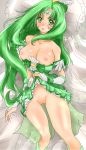  1girl big_breasts blush boots breasts cure_march female green_dress green_eyes green_hair green_motif long_hair looking_at_viewer lying midorikawa_nao nao_midorikawa nipples no_bra no_panties oppai pillow precure pussy skirt_lift smile_precure! solo thighs vagina ç·‘é«ª é•·ã„é«ª 