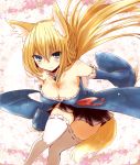 1girl animal_ears aoi_(naomi) bare_shoulders blonde_hair blue_eyes blush breasts cherry_blossoms cleavage detached_collar detached_sleeves floral_background fox_ears fox_tail large_breasts leaning_forward long_hair looking_at_viewer naomi_(sekai_no_hate_no_kissaten) original skirt solo stockings tail thighhighs white_legwear zettai_ryouiki