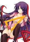  1girl bad_id bakemonogatari blue_eyes blush bottomless breasts hitagi_senjougahara long_hair monogatari_(series) purple_hair senjougahara_hitagi solo stockings thighhighs yuki_usagi 