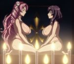 2girls big_breasts breasts candle curvy hairband high_res highres huge_breasts kneeling large_breasts long_hair multiple_girls nipples plump screencap seikon_no_qwaser short_hair stitched thick_thighs thighs topless tsujidou_miyuri yamanobe_tomo