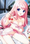  1girl absurd_res absurdres babydoll bare_shoulders bed_sheet blue_eyes blush bow bow_panties breasts cherry_(fruit) cleavage food fruit high_res highres holding holding_fruit kasukabe_akira lingerie long_hair navel obentou off_shoulder open_mouth panties pink_hair sakura_nanako sakura_sakura see-through sitting smile strap_slip sushi thong underwear underwear_only wariza 