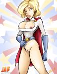 1girl blonde_hair blue_eyes breasts cape cleavage dc_comics female_only gloves hairless_pussy jab jabcomix lipstick nipples no_panties power_girl pussy rosenrot short_hair solo_female