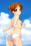 ass bikini blush breasts brown_eyes brown_hair cloud female from_behind hair_ribbon high_res highres hirasawa_ui k-on! looking_back nipples norizou_type-r outdoors ribbon short_hair side-tie_bikini sky smile solo swimsuit topless white_bikini white_swimsuit