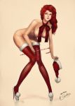 1girl bare_shoulders breasts christmas copyright_request david_liu hat high_heels high_res highres legs lips long_hair no_panties nude red_hair ribbon santa_costume santa_hat shoes simple_background solo stockings thighhighs topless