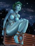  blue_skin bondage ecchi-mia_(artist) green_hair outdoor rope 