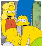 bart_simpson blue_hair cross-dressing cum cum_in_mouth marge_simpson mother_and_son stockings the_simpsons white_border yellow_skin