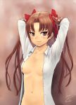 1girl adjusting_hair areola areola_slip areolae arms_up blush bow brown_eyes brown_hair dress_shirt face flat_chest hair_bow lasterk long_hair navel nipple_slip nipples no_bra open_clothes open_shirt shirai_kuroko shirt small_breasts smile solo to_aru_kagaku_no_railgun to_aru_majutsu_no_index twin_tails twintails