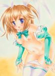 1girl aizawa_tomomi bad_id blonde_hair blue_eyes blush breasts chinako hair_ribbon nude open_mouth pia_carrot pia_carrot_(series) pia_carrot_3 pia_carrot_e_youkoso!! pia_carrot_e_youkoso!!_3 ribbon solo stockings thighhighs traditional_media white_legwear white_thighhighs