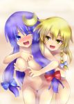 2girls big_breasts blonde_hair blue_eyes blush bow braid breast_grab breasts crescent crescent_hair_ornament crescent_moon female grabbing groin hair hair_bow hair_ornament kirisame_marisa large_breasts long_hair marisa_kirisame moon mound_of_venus multiple_girls no_pussy nude patchouli_knowledge purple_hair sabino_itaru single_braid tears tickling touhou very_long_hair wince yellow_eyes yuri