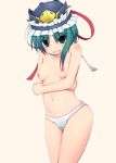 1girl bad_id blush breasts cameltoe female green_eyes green_hair hat high_res highres naze nipples panties panties_only shiki_eiki shikieiki_yamaxanadu short_hair solo tears topless touhou underwear underwear_only