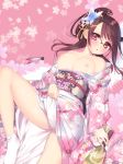  1girl arima_senne bare_shoulders breasts brown_hair collarbone floral_print flower glasses hagoita_(shoes) hair_flower hair_ornament hanetsuki_(japanese_game) high_res highres japanese_clothes kashiwamochi_yomogi kimono long_hair mole mole_on_breast nipples obi off_shoulder original paddle ponytail red_eyes sash shuttlecock solo tabi 