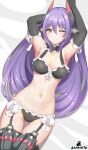  1girl absurd_res alluring android bikini cleavage frilled_bikini frills garter_straps gluteal_fold high_res long_hair lying maid maid_bikini medium_breasts navel on_back one_eye_closed poppi_(xenoblade) poppi_qtpi_(xenoblade) purple_hair robot_ears smile stomach swimsuit thigh_gap unconventional_maid very_long_hair xenoblade_(series) xenoblade_chronicles_2 yellow_eyes zambonito 