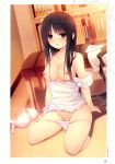 absurd_res apron black_eyes black_hair black_legwear blush bookshelf bra breasts coffee-kizoku cum cure_girl high_res kneehighs kunimura_kotone lingerie long_hair naked_apron nipples panties panty_pull pussy_juice sitting solo tears underwear wariza white_panties