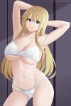  1girl alluring arms_behind_head aslind_samure aslindsamure bangs big_breasts blonde_hair breasts brown_eyes cleavage fairy_tail female_focus female_only hair_between_eyes hot lingerie long_hair looking_at_viewer lucy_heartfilia sexy small_panties smile standing under_boob voluptuous white_bra white_lingerie white_panties 