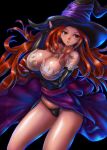 1girl black_panties boken_fantasy breasts brown_eyes brown_hair cleavage commentary_request dragon's_crown elbow_gloves fingerless_gloves gloves hat highres large_breasts long_hair panties solo sorceress_(dragon's_crown) underwear witch_hat