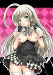  1girl :o ahoge akino_hamo aqua_eyes argyle argyle_background blush breasts breasts_outside checkered checkered_skirt cum cum_on_body cum_on_breasts cum_on_clothes cum_on_upper_body haiyore!_nyaruko-san hamo_(anarc) high_res highres huge_ahoge letterboxed long_hair looking_at_viewer nipples no_bra no_panties nyarlathotep_(nyaruko-san) open_clothes open_mouth open_shirt pussy shirt silver_hair skirt solo stockings thighhighs uncensored white_legwear zettai_ryouiki 