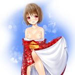 1girl bare_shoulders bob_cut breasts brown_hair clothes_down high_res highres japanese_clothes masturbation nipples no_bra no_panties open_clothes original pussy_juice red_eyes setona_(daice) short_hair solo