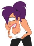 big_breasts black_eyes breasts cleavage cyclops eyelashes freako futurama lipstick one_eye ponytail purple_hair smile solo teeth transparent_background turanga_leela