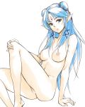 1girl arm_support barefoot blue_eyes blue_hair breasts double_bun elf face forehead_jewel gus_(clarkii) hand_on_knee hand_on_own_knee lips navel nipples no_pussy nude pointy_ears remedia_kalar sketch solo toushin_toshi_iii