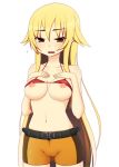  1girl ashikaga_chachamaru bad_id belt bike_shorts bikini_top blonde_hair blush breast_suppress breasts cameltoe long_hair naze nipple_slip nipples solo soukou_akki_muramasa yellow_eyes 