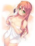  1girl arima_kanae big_breasts blush breasts cleavage green_eyes kashiwamochi_yomogi large_breasts long_hair naked_towel original red_hair solo towel wet 