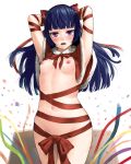 1girl arms_up blue_hair blush bow breasts capelet christmas confetti face gokou_ruri high_res highres lasterk long_hair naked_ribbon navel nipples nude ore_no_imouto_ga_konna_ni_kawaii_wake_ga_nai purple_eyes ribbon solo wide_hips