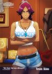 big_breasts bleach blush brand_name_imitation breasts cleavage crossed_arms dark_skin gairon large_breasts lips midriff purple_hair shihouin_yoruichi shorts sweat whistle yellow_eyes yoruichi_shihouin