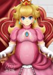  1girl arrowdark belly blonde_hair clothed crown deviantart dress earrings female female_only fetish gloves huge_belly indoors long_gloves long_hair looking_at_viewer mushroom_kingdom pink_dress pregnant princess princess_peach pudgy royalty sitting solo super_mario_bros. vore 