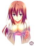 1girl bamboo_blade big_breasts breast_hold breasts brown_hair bust cleavage down_blouse downblouse kuwahara_sayako large_breasts looking_at_viewer natsukon purple_eyes sayako_kuwahara simple_background smile solo upper_body white_background