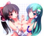 2girls bare_shoulders big_breasts black_hair blush bow breast_press breasts brown_eyes detached_sleeves female frog green_eyes green_hair hair hair_bow hair_ornament hakurei_reimu hand_holding holding_hands kochiya_sanae large_breasts long_hair multiple_girls nipples nude reimu_hakurei ryosios sanae_kochiya smile snake symmetrical_docking touhou