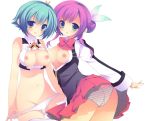  2girls aqua_eyes aqua_hair aquarion_(series) aquarion_evol ass breasts cleavage_cutout groin hair izumiyuhina looking_at_viewer mikono_suzushiro mound_of_venus multiple_girls navel nipples panties panty_pull purple_hair skirt striped striped_panties trefoil underwear white_panties zessica_wong 