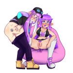 1girl 2_girls anal_plug big_breasts breasts buttplug cleavage laura_(lewdspls) long_hair nastysanly nintendo pants pants_down purple_hair pussy ryoku-san_(inkling) skirt splatoon spread_legs stockings vibrator vibrator_in_pussy white_thighhighs