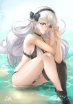 1girl 1girl alluring armpit_peek beach breasts corrin_(fire_emblem) corrin_(fire_emblem)_(female) curly_hair deekei fire_emblem fire_emblem_fates grey_hair hairband high_res long_hair looking_at_viewer maid_bikini nintendo pointy_ears red_eyes sideboob sitting voluptuous water wet