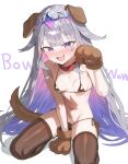 1girl ai_generated animal_ears bikini blush breasts dog_ears dog_tail hololive hololive_english koseki_bijou light-skinned_female light_skin looking_at_viewer multicolored_hair navel purple_eyes purple_hair small_breasts sweat sweatdrop text virtual_youtuber vtuber white_background xeno4994