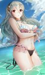 1girl 1girl alluring artist_name big_breasts bikini black_hairband blue_sky blush breasts cleavage cloud corrin_(fire_emblem) corrin_(fire_emblem)_(female) day fire_emblem fire_emblem_cipher fire_emblem_fates grey_hair hairband high_res ippers long_hair looking_at_viewer nintendo outside pointy_ears red_eyes seashell_bikini seashell_bra shell shell_bikini sky slit_pupils standing swimsuit voluptuous wading water