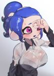 1girl 1girl 1girls big_breasts blue_eyes blue_hair bra bra_visible_through_clothes breasts cephalopod_eyes doro_mizu_831 eyebrows eyelashes female_only gradient_background grey_background higres medium_hair octoling octoling_girl one_eye_closed open_mouth pink_eyes ponytail see-through shirt simple_background solo_female solo_focus splatoon splatoon_(series) sweat tentacle_hair upper_body waka-chan_(doro_mizu_831) wet wet_clothes wet_shirt