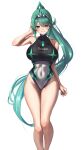 1girl absurd_res alluring bare_shoulders big_breasts black_one-piece_bikini character_name covered_navel cowboy_shot earrings green_eyes green_hair hakusai_(hksicabb) high_ponytail high_res jewelry long_hair one-piece_bikini pneuma_(xenoblade) ponytail swimsuit very_long_hair white_one-piece_bikini xenoblade_(series) xenoblade_chronicles_2