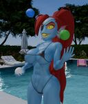 1girl abs big_breasts bikini blender breasts daemont92 eyepatch female fish juggling monster muscle solo swimming_pool undertale undertale_(series) undyne voluptuous wide_hips