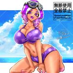 1girl 1girl big_breasts bikini breasts cleavage curly_hair gbeimtama goggles goggles_on_head navel nintendo octoling octoling_girl open_mouth purple_eyes purple_hair retro_(octoling) splatoon tentacle_hair