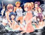 7girls alluring arato_hisako ass bath bathing big_breasts blonde_hair blue_eyes blue_hair blush breasts green_eyes grin hot_spring huge_breasts inui_hinako looking_at_viewer looking_back mito_ikumi multiple_girls nakiri_erina purple_eyes purple_hair sakaki_ryouko shokugeki_no_souma sideboob smile tadokoro_megumi thick thick_ass thick_thighs thighs towel tsundere voluptuous yoshino_yuuki