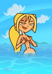 1girl 1girl 1girl 2d accurate_art_style alternate_version beach bedroom_eyes blonde_hair breasts bridgette_(tdi) covering_breasts hands_on_breasts ponytail skinny_dipping total_drama_island vaultman vulva