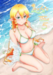 1girl 1girl alluring beach big_breasts bikini blonde_hair comiket_106 commentary_request cover green_eyes high_res ken-ji leafa long_hair looking_at_viewer navel ocean pointy_ears see-through_clothes see-through_shirt shirt sitting swimsuit sword_art_online very_long_hair wariza water waves white_bikini