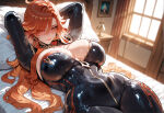 1girl ai_generated bodysuit curvy curvy_female curvy_figure genshin_impact long_hair mavuika_(genshin_impact) orange_hair