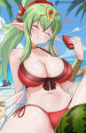 1girl alluring beach big_breasts bikini closed_eyes eating fire_emblem fire_emblem_awakening fire_emblem_heroes fire_emblem_warriors food fruit green_hair intelligent_systems melon nintendo outside spread_legs swimsuit tiki_(adult)_(fire_emblem) tiki_(adult)_(summer)_(fire_emblem) tiki_(adult)_(summering_scion)_(fire_emblem) tiki_(fire_emblem) z-ki