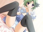 1girl bed blue_eyes blush bra breasts game_cg green_hair hentai lingerie official_art panties pantyshot ribbon ribbons shigure_asa shuffle shuffle! sitting skirt skirt_lift solo spread_legs stockings suzuhira_hiro thighhighs underwear undressing