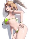  1girl 1girl absurd_res alluring big_breasts blue_eyes breakthrough_rr brown_hair eunie_(xenoblade) hand_on_own_hip hand_on_own_knee head_wings high_res long_hair looking_at_viewer riro_(breakthrough_rr) shadow sideboob simple_background smile swimsuit under_boob white_wings wings xenoblade_(series) xenoblade_chronicles_3 
