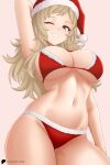 1girl 1girl alluring big_breasts bikini blonde_hair bra fire_emblem fire_emblem_fates grey_eyes grin hayato_stuff high_res intelligent_systems long_hair looking_at_viewer navel nintendo one_eye_closed ophelia_(fire_emblem) panties santa_bikini santa_costume sideboob smile swimsuit teeth thighs under_boob underwear