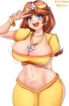 1girl 1girls alternate_costume anisdrawn artist_name big_breasts blue_eyes blush bracelet breasts brown_hair cleavage earrings flower_earrings flower_necklace light-skinned_female light_skin looking_at_viewer mario_(series) mario_kart_world navel necklace nintendo official_alternate_costume open_mouth princess_daisy princess_daisy_(oasis) simple_background super_mario_bros. thighs tongue v v_sign white_background