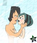 1boy 1girl 1girl about_to_kiss cartoon_network fresh_tv goth_girl green_eyes green_lipstick gwen_(tdi) heterosexual light-skinned_female male shower showering_together starlimonina total_drama_(series) total_drama_island trent_(tdi)